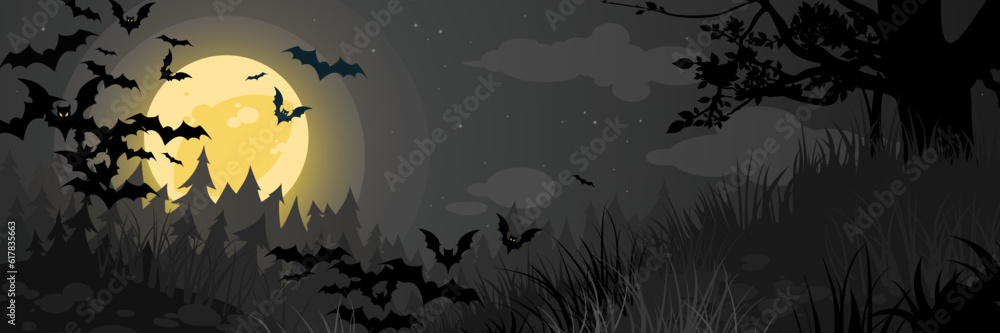 Halloween banner with black bats on black Moon background, Illustration with place for text.
