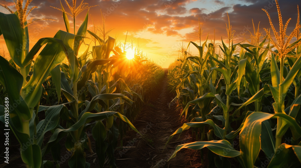 Corn cobs in corn plantation field with sunrise background. Generative AI Corn cobs in corn plantation field with sunrise background. Generative AI