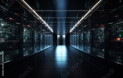 Dark servers data center room with computers and storage systems. Glowing and bright elements with technology concept. Generative AI.
