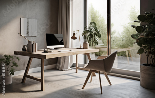 Minimalist home office desk, minimalist decor and ample natural light. Functional and aesthetic workspace. Generative AI.