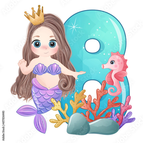 Cute Mermaid with shining number 8 sea animal watercolor illustration