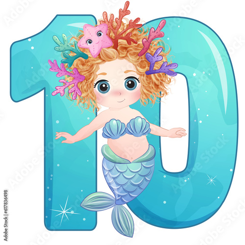Cute Mermaid with shining number 10 sea animal watercolor illustration