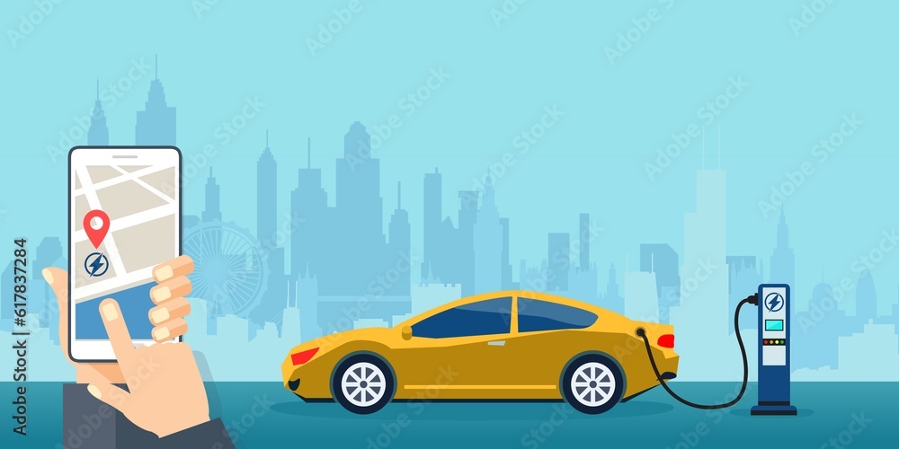Naklejka premium proprietario dell'auto elettrica che utilizza lo smartphone per CARICARE START la stazione di ricarica in città - illustrazioni