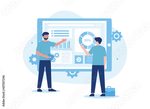 A man presenting growth charts trending flat illustration