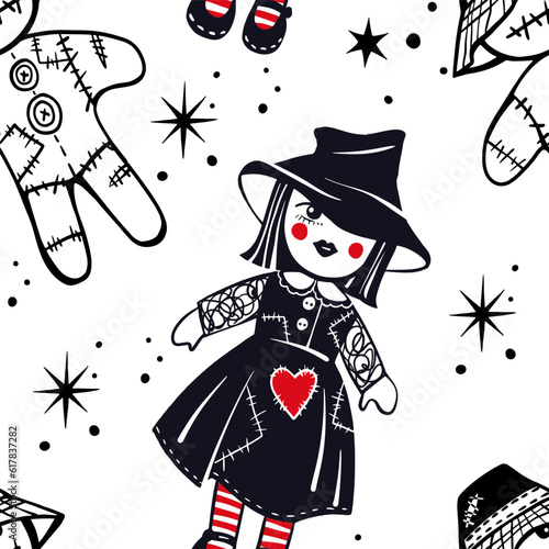 Halloween witch and woodoo dolls seamless pattern. Hand drawn sketch style. Art line. Ink drawing. Halloween night background. Vector illustration. photo