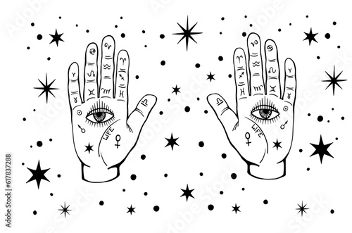 All-seeing eyes on the palms of the hand. Mystical background. Vector boho illustration for palmist, numerology and astrology.