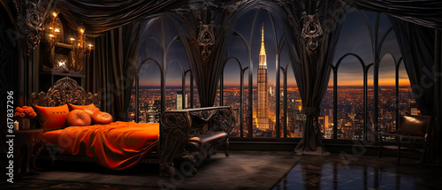 Luxury penthouse gothic hotel room with stylish, chic, and classic interior design. Stunning city views of a city skyline with an upscale experience.