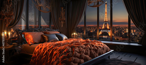 Luxury penthouse hotel room with stylish, chic, and modern interior design. Stunning city views of the parish skyline, and upscale experience.