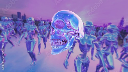 Seamless animation of purple metal skull. Retrofuturistic Halloween background photo