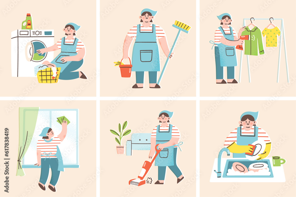 Woman doing various housework. Vector illustration of a housekeeper steaming clothes, vacuuming, doing laundry and other house chores. Cleaning routine set. Woman doing various housework. Vector illustration of a housekeeper steaming clothes, vacuuming, doing laundry and other house chores. Cleaning routine set.