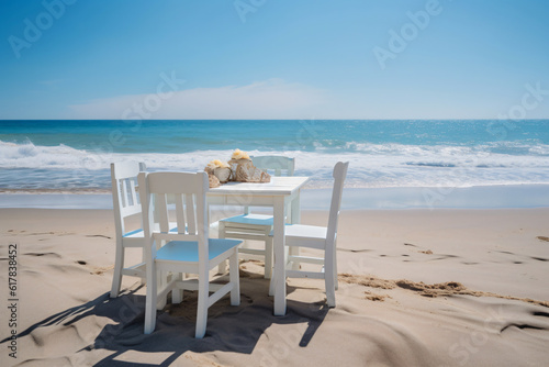 Chair and table dinning on the beach and sea with blue sky photography