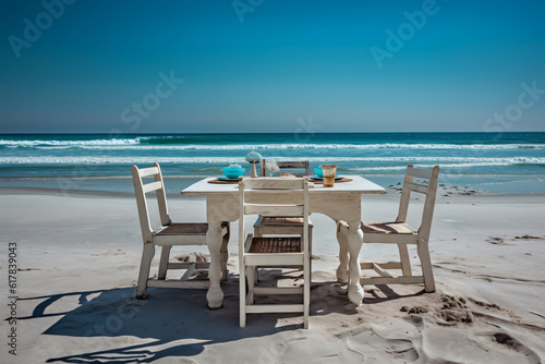 Chair and table dinning on the beach and sea with blue sky photography © yuniazizah