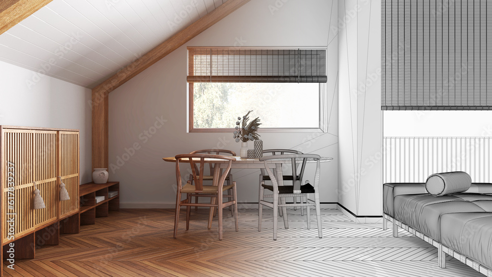 Fototapeta premium Architect interior designer concept: hand-drawn draft unfinished project that becomes real, minimal wooden dining room with sloping ceiling and window. Japandi scandinavian style