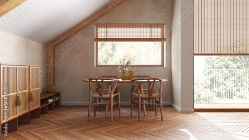 Minimal wooden dining room with sloping ceiling and window in white and yellow tones. Classic table and chairs. Japandi scandinavian style  attic interior design