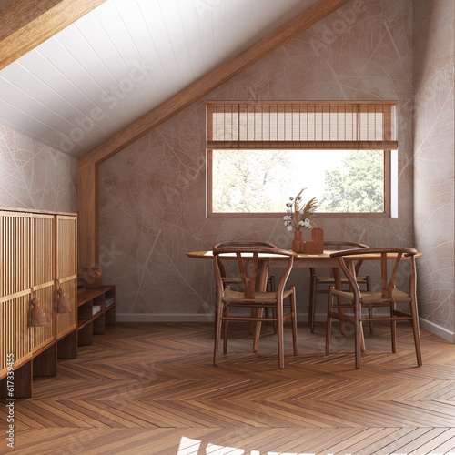 Minimal wooden dining room with sloping ceiling and herringbone parquet in white and orange tones. Classic table and chairs. Japandi style  attic loft interior design
