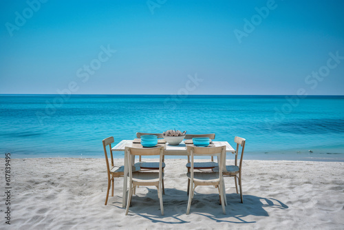 Chair and table dinning on the beach and sea with blue sky photography