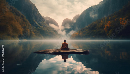 One person meditating in tranquil mountain landscape, practicing relaxation exercise generated by AI photo