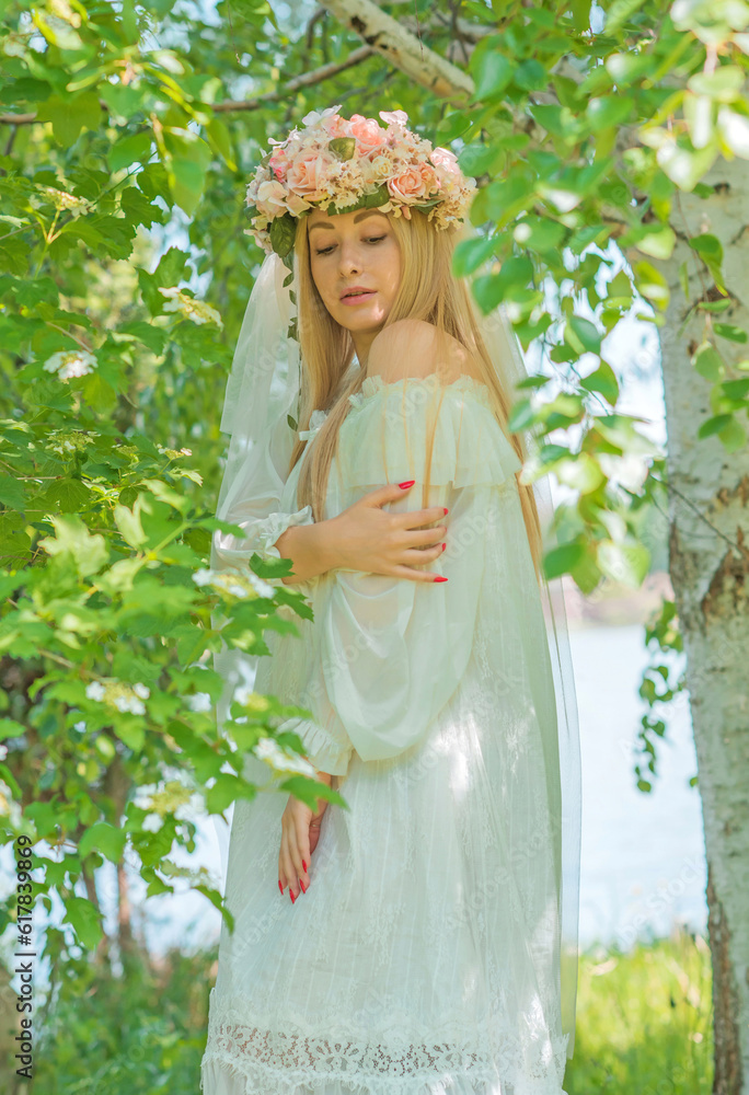 European Slavic Tradition, bride woman in white dress, flower wreath with a veil on a head. Tender girl European Slavic Tradition, bride woman in white dress, flower wreath with a veil on a head. Tender girl