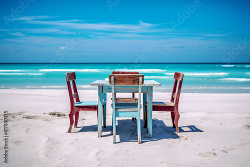 Chair and table dinning on the beach and sea with blue sky photography