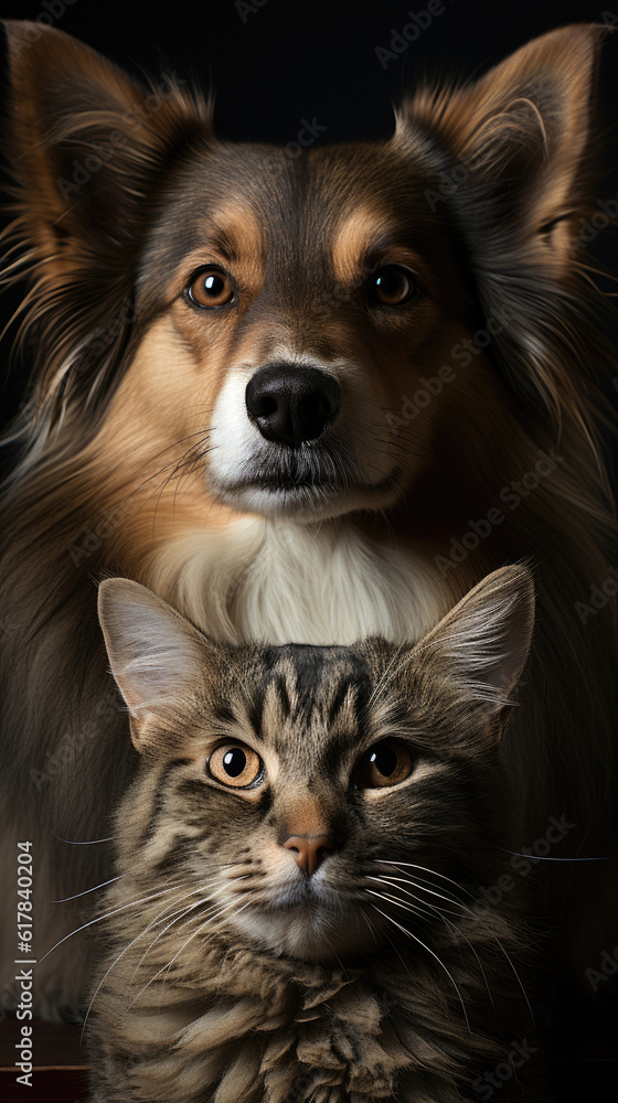 Friendly dog and cat are photographed together from the neck up Friendly dog and cat are photographed together from the neck up