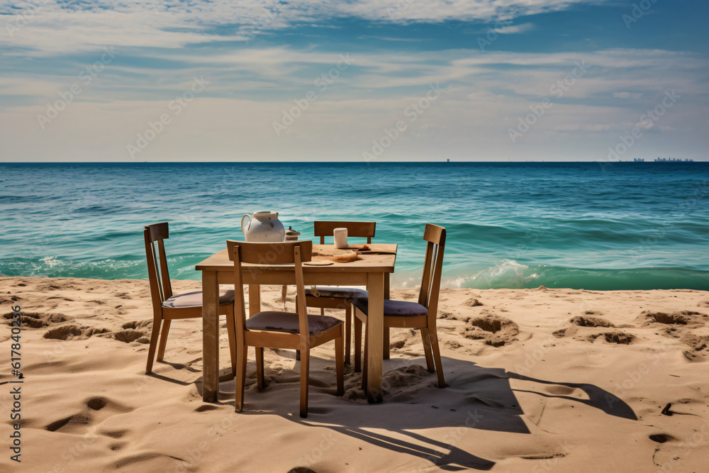 Chair and table dinning on the beach and sea with blue sky photography