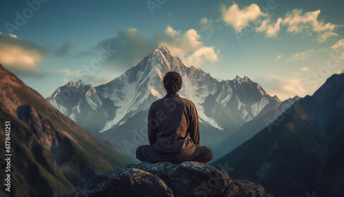Meditating on mountain peak, serene people find spirituality and wellbeing generated by AI
