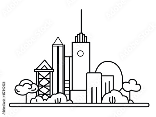Black and white vector line art illustration of an eco city using renewable energy, eco friendly modern urban landscape with ecological infrastructure and solar panels.
