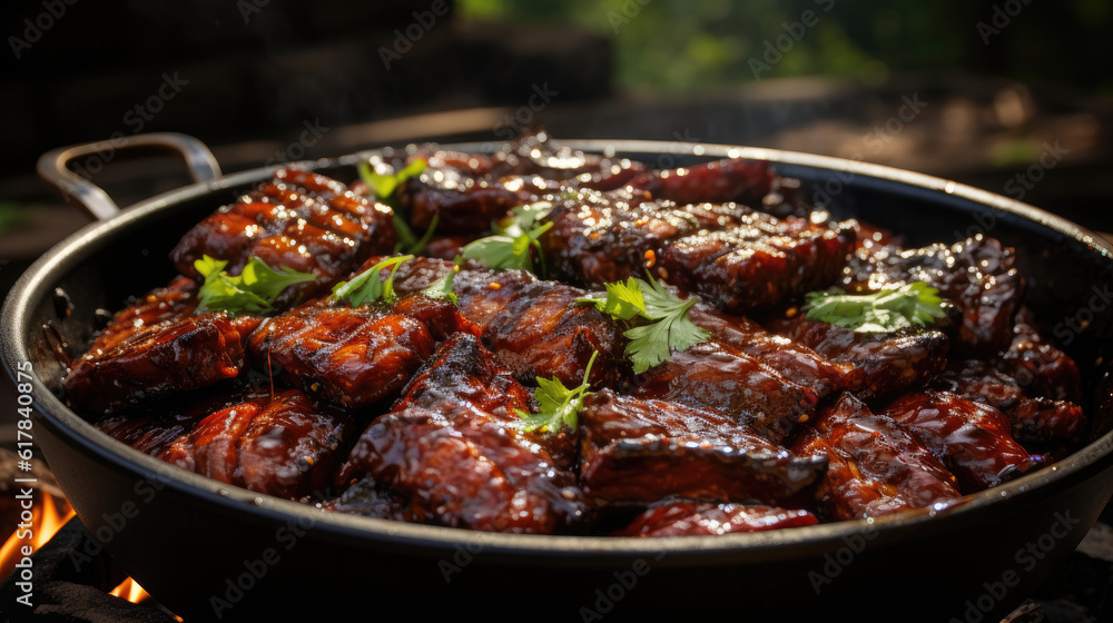 Tender smoky ribs slathered in barbecue sauce and sprinkled with leek
