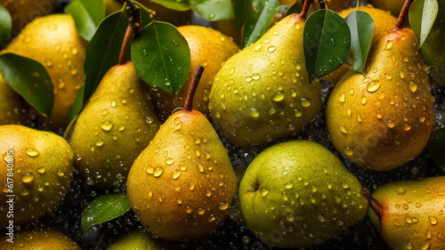 Fresh ripe pears with water drops background. Fruits backdrop. Generative AI