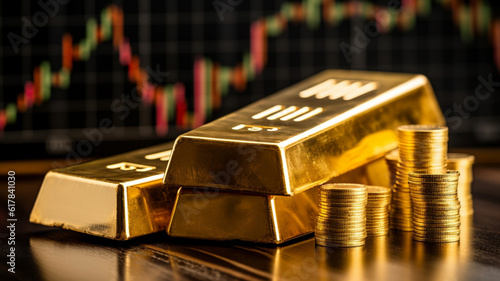 Gold bar resting on a stocks and shares graph representing investment. Generative AI