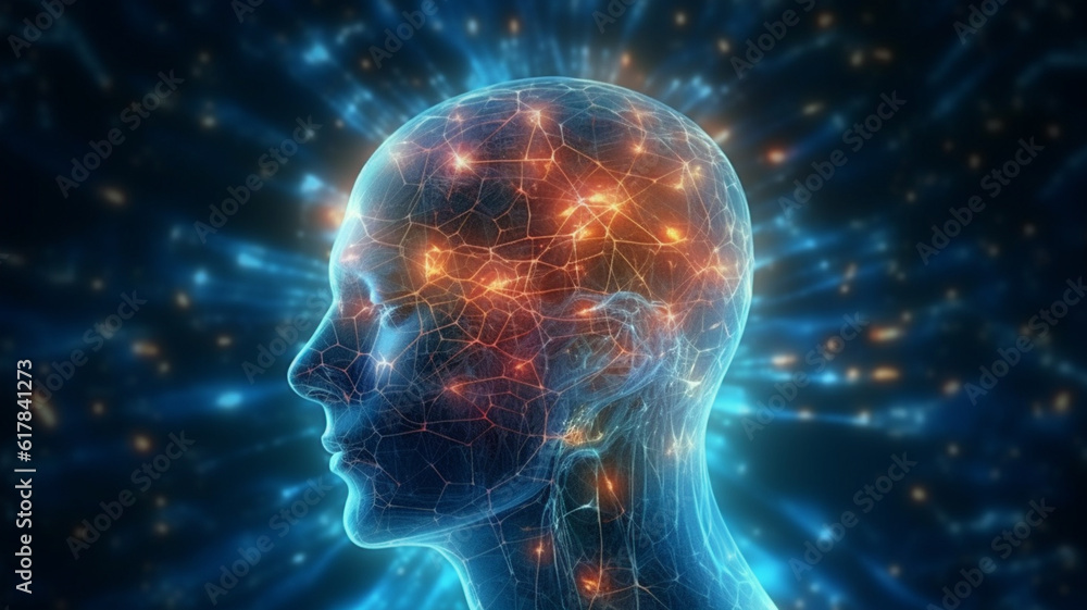 Human head with glowing neurons in brain. Esoteric and meditation concept. Connection with other worlds. Generative AI Human head with glowing neurons in brain. Esoteric and meditation concept. Connection with other worlds. Generative AI