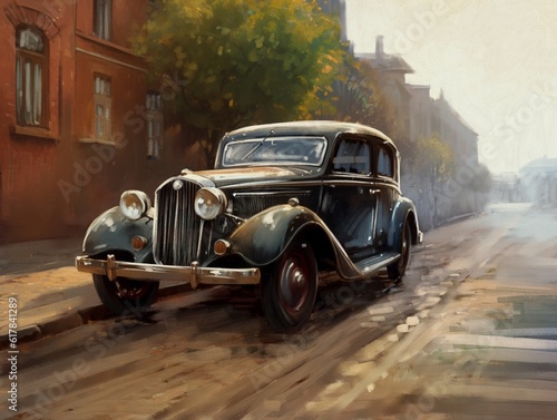 Fantastic illustration of the old city with old cars on the street. Fine art, artwork, old car in the city © yaroslavartist