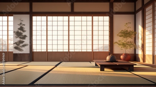 Traditional japanese empty room interior with tatami mats and sun light.3d rendering photo