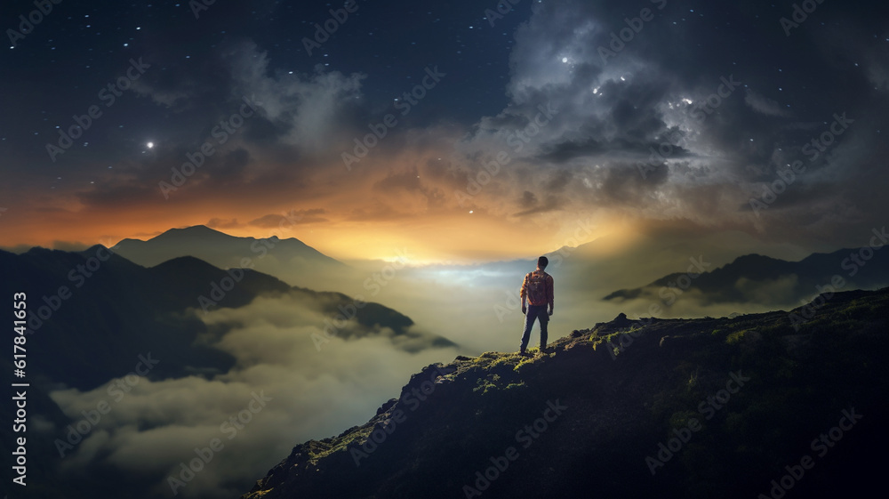 Man standing on mountaintop at night under clouds. Generative AI