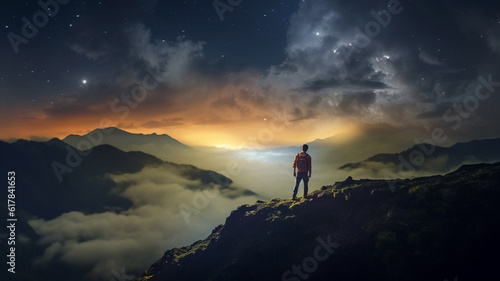 Man standing on mountaintop at night under clouds. Generative AI