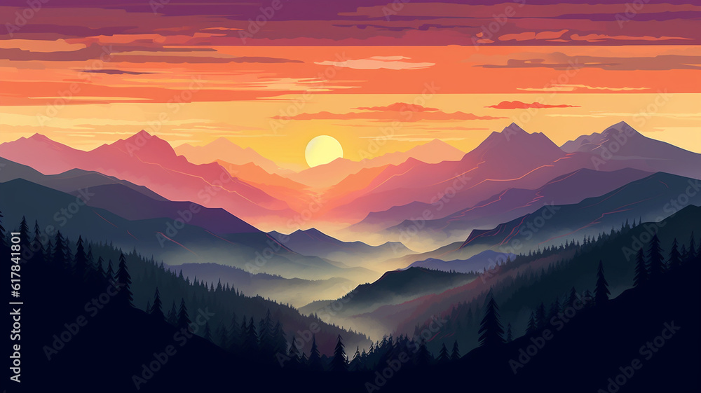 Mountain peak view landscape with sunrise soft light. Flat 2d. Generative AI