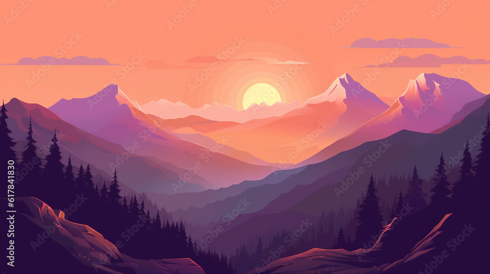 Obraz premium Mountain peak view landscape with sunrise soft light. Flat 2d. Generative AI