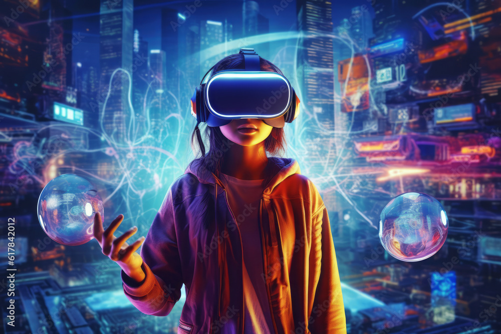 A futuristic Illustration showing a person wearing a virtual reality headset while immersed in a virtual world, demonstrating the use of Creative AI in virtual reality content creation. Generative Ai A futuristic Illustration showing a person wearing a virtual reality headset while immersed in a virtual world, demonstrating the use of Creative AI in virtual reality content creation. Generative Ai