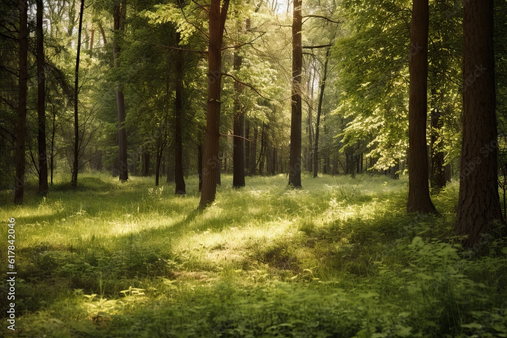 Obraz premium Green Forest Landscape with Sunlight, Background Wallpaper