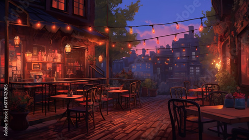 Outdoors pub terrace at dusk, after work outing background. Generative AI