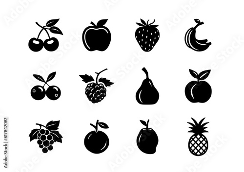 12 fruit black silhouette set vector illustrations