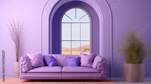 Violet room Very Peri.Sofa with pillows and arch window.Modern design interior.3d rendering © Eli Berr