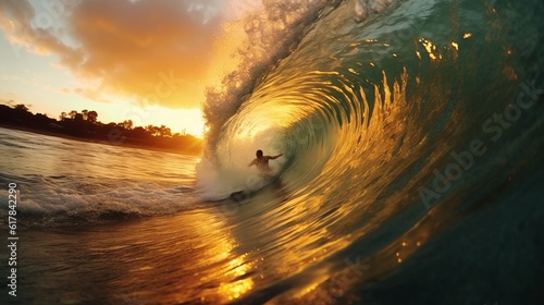 you surfed in a half pipe taking the wave at sunset, while the wave breaks the beach in the background photo