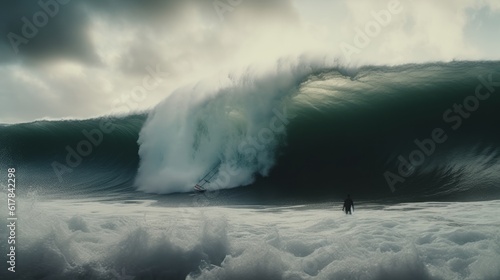 you surfed in a half pipe taking the wave at sunset, while the wave breaks the beach in the background photo