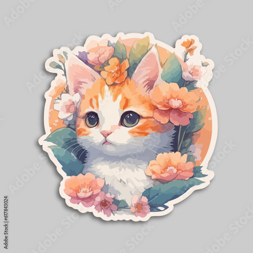 Meow day with cat flower crown illustration. Portrait of Siamese Cat with flower. Flora and fauna. Hand-drawn illustration, digitally colored.