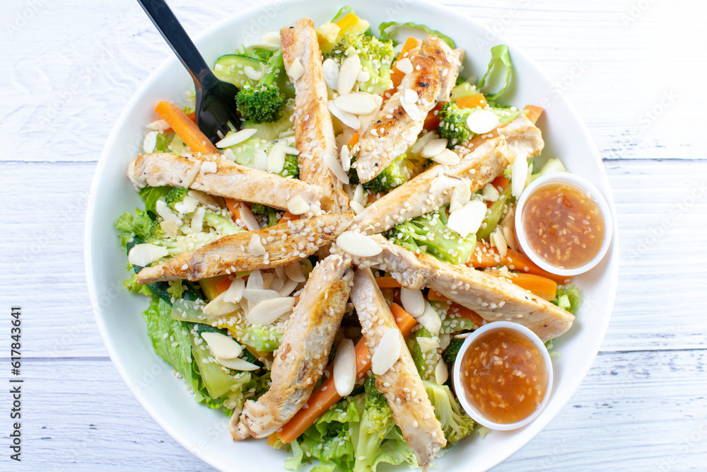 Fresh healthy chicken salad with sesame, lettuce, cucumber in sweet and sour sauce Fresh healthy chicken salad with sesame, lettuce, cucumber in sweet and sour sauce