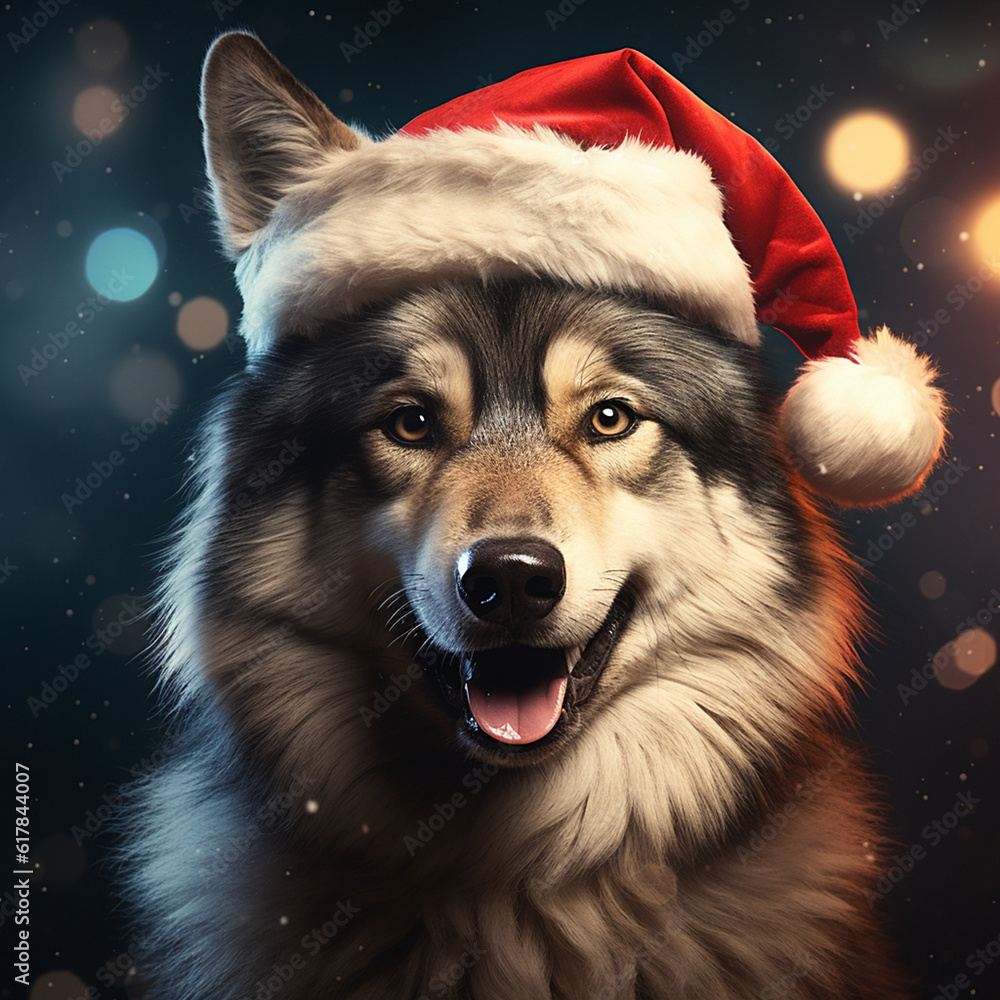 Weihnachtshund, Wolfshund mit Weihnachtsmütze, santa's hat, Christmas dog, Wolf dog Weihnachtshund, Wolfshund mit Weihnachtsmütze, santa's hat, Christmas dog, Wolf dog