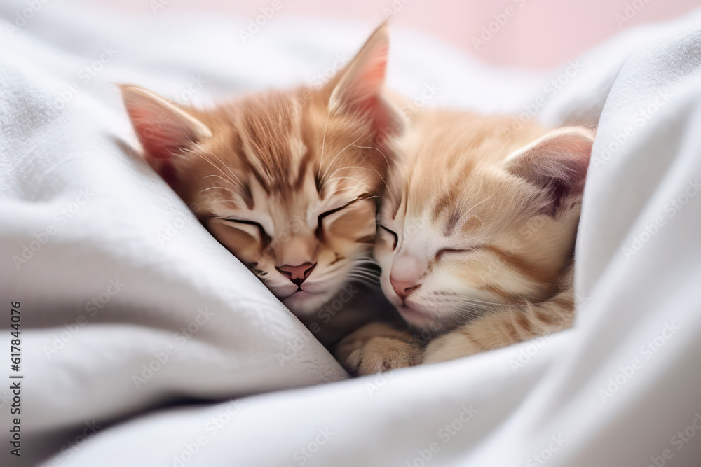 Two stripped cute little kittens sleeping cuddled up on a bed in light colors. Baby cats hugging each over on white fabric. Generative AI photo.