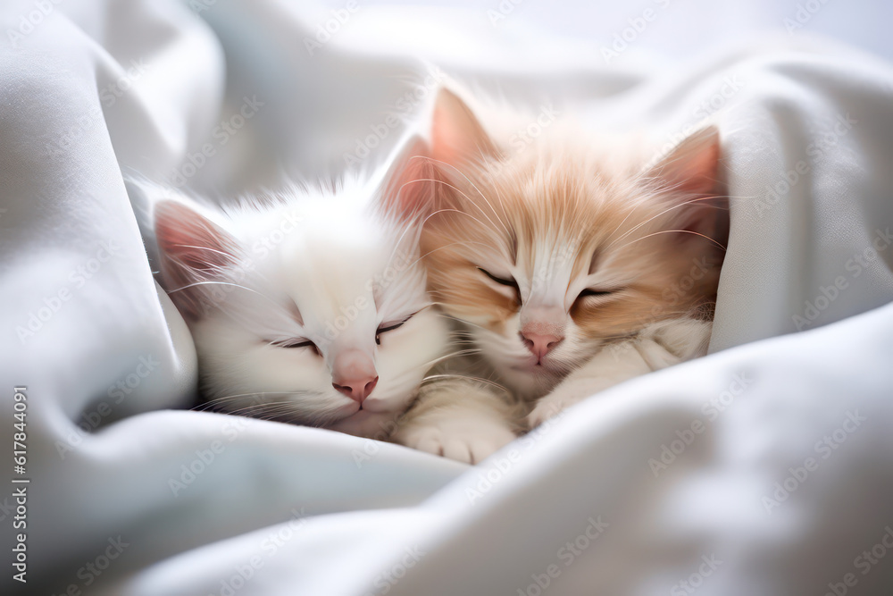 Two stripped cute little kittens sleeping cuddled up on a bed in light colors. Baby cats hugging each over on white fabric. Generative AI photo. Two stripped cute little kittens sleeping cuddled up on a bed in light colors. Baby cats hugging each over on white fabric. Generative AI photo.