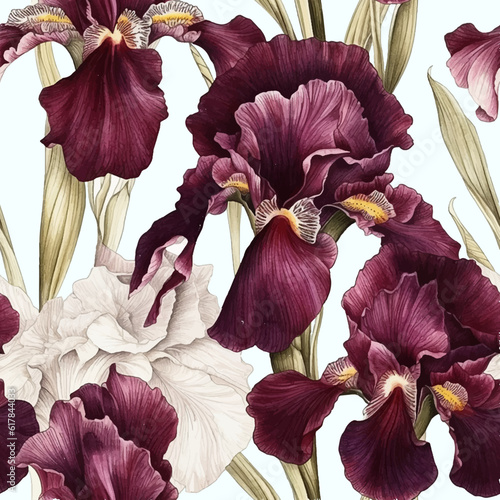 Seamless vector background with iris flowers, vintage watercolor style.